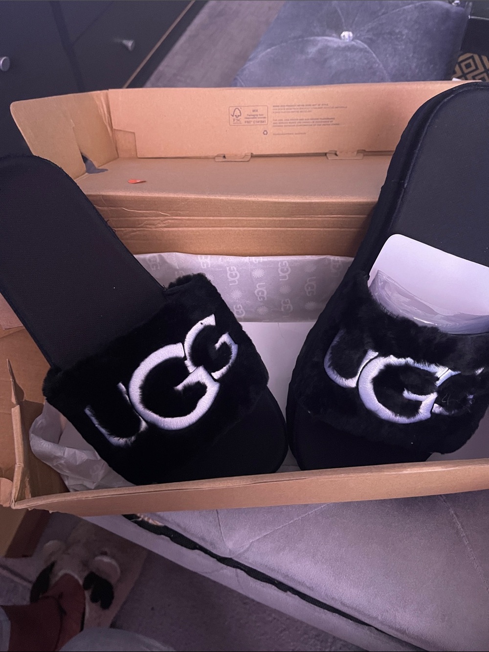 UGG Black Plush Logo Slide Slippers